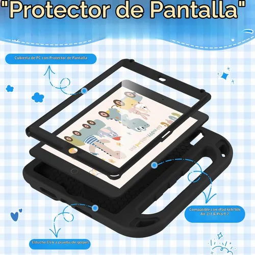 Vista 3 de BMOUO Funda para niños para iPad 9.7 2018/2017/iPad Air 2/1/Pro 9.7 - Protector de pantalla integrado con mango a prueba de golpes, funda