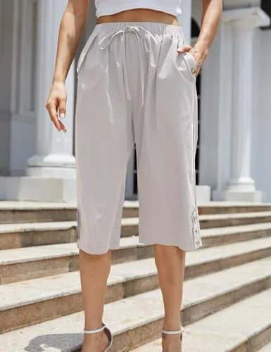 Vista 2 de WROLEM Women Pocket Pants Lightweight Wide Leg Drawstring Elastic Waist Yoga Lounge Cropped Pants