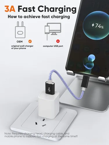 Vista 6 de Cable USB C a USB corto de 0.8 pies, USB A a C de carga rápida USB a tipo C para iPhone 15/16, banco de energía Galaxy S22, Android Auto/teléfono
