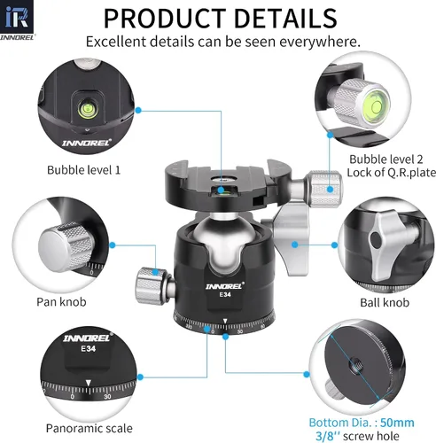 Vista 4 de Cabeza de bola de trípode de perfil bajo, cabeza de bola INNOREL panorámica de metal CNC de 360 ° con placa de liberación rápida universal Arca