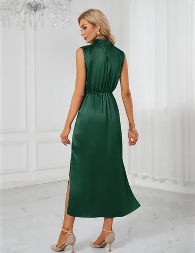 Vista 3 de CYCLAMEN Vestido largo de satén formal de verano para mujer, con cuello alto falso, sin mangas, aberturas laterales, maxi elegante vestido de cóctel