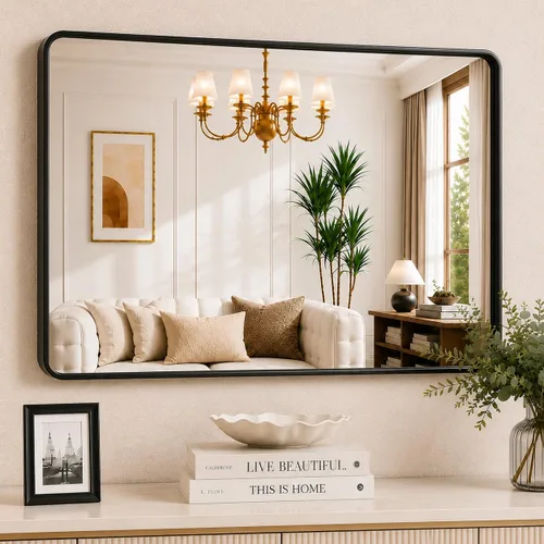 Vista 32 de JISOSO - Espejo de baño negro de 20x30 pulgadas con marco de metal negro, espejo de tocador rectangular redondeado con acabado mate para pared