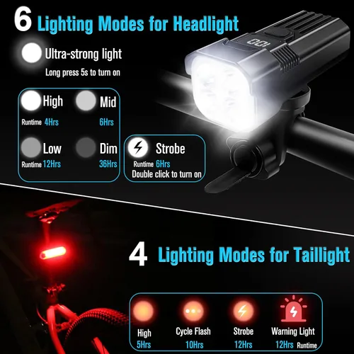 Vista 3 de Juego de luces LED para bicicleta de 2025, 2000 lúmenes, luces de bicicleta recargables delanteras y traseras, tiempo de ejecución de más de 36