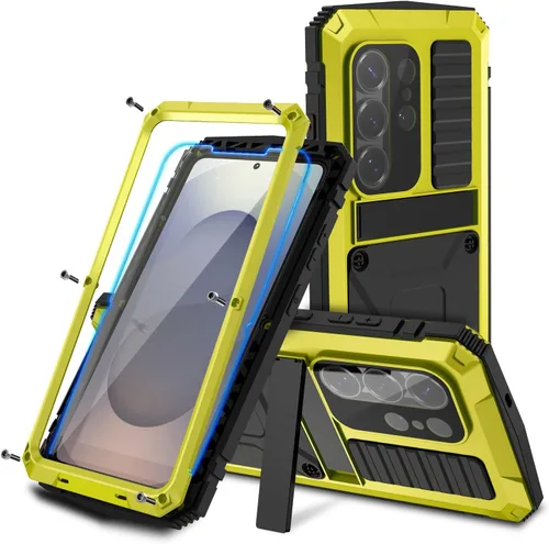 Vista 18 de Funda de metal para Samsung S22 5G con función atril, protector de pantalla integrado, resistente armadura militar duradera, cuerpo completo Negro