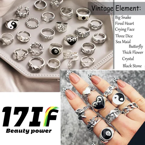 Vista 2 de 17IF Juego de anillos grunge góticos de plata vintage para mujeres, hombres y niñas, gruesos, góticos, punk, apilables, ajustables, abiertos
