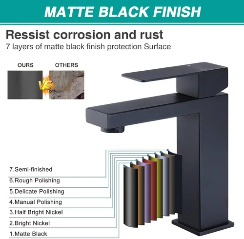 Vista 4 de Grifo de lavabo de baño de una sola manija, color negro mate, grifo de baño de acero inoxidable con mangueras de suministro de agua certificadas por
