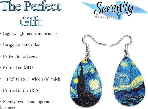 Vista 2 de Van Gogh - Juego de aretes colgantes divertidos Lindos aretes de joyería para niñas y mujeres Impresión de doble cara Regalo de cumpleaños