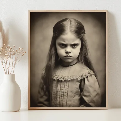 Vista 3 de Devilish Little Girl - Oddities and Curiosities 11x14 Framed Print, Vintage Creepy Girl Poster, Victorian Gothic Wall Art, Eerie Child Portrait
