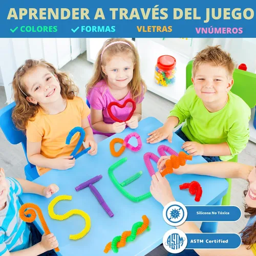 Vista 4 de Juguetes Sensoriales Pop Tubes – Paquete de 30 Juguetes Fidget Elásticos con 10 Colores, Juguetes para Aliviar el Estrés para Niños y Adultos