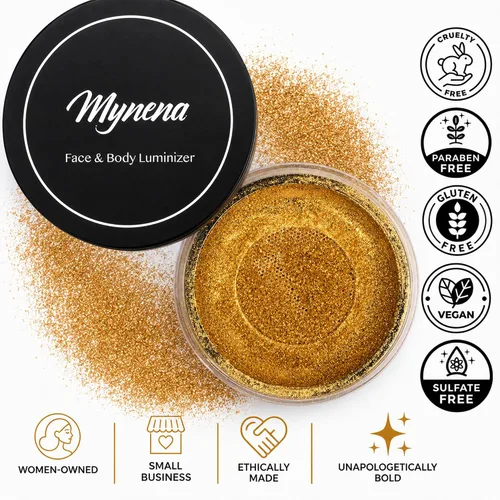 Vista 8 de Polvo resaltador facial y corporal Mynena Warm Gold Suave, rocío, iluminador