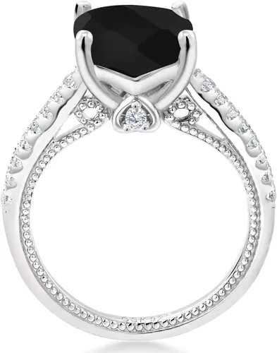 Vista 4 de Gem Stone King Anillo de compromiso de plata de ley 925 con ónix negro y zafiro blanco creado para mujer