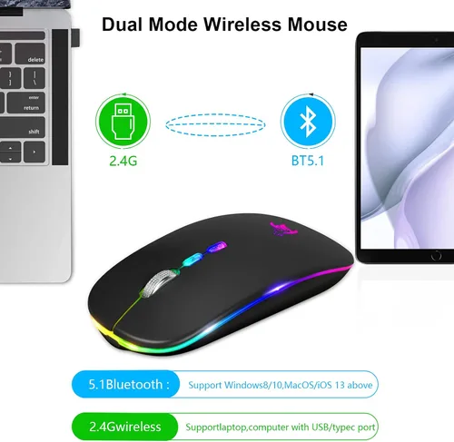 Vista 4 de HOTLIFE Ratón inalámbrico, delgado LED recargable silencioso Bluetooth Negro