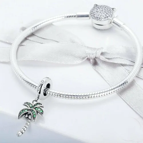Vista 4 de Abalorio colgante de palmera de plata de ley 925 para vacaciones de verano para pulsera y collar, Plata esterlina, plateado