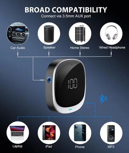 Vista 2 de COMSOON Adaptador Bluetooth AUX para Coche, [Pantalla LED] Receptor Bluetooth 5.3 para Altavoz/Estéreo Doméstico/Auriculares con Cable, Receptor