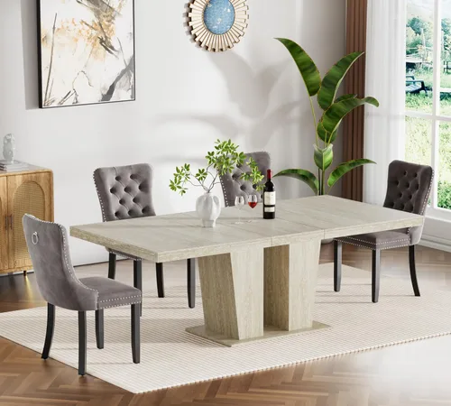 Vista 43 de Henf Juego de mesa de comedor extensible de 5 piezas para 4, 63"-79" Mesa de cocina grande extensible con 4 sillas negras acolchadas, Juego de mesa