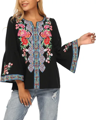 Vista 6 de YZXDORWJ Blusa casual mexicana con volantes y mangas acampanadas para mujer, talla grande, talla XXL