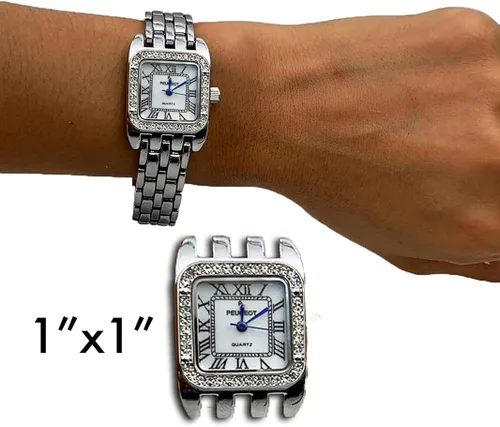 Vista 3 de Peugeot - Reloj con forma de tanque para mujer con pulsera de eslabones de pantera, reloj de vestir con bisel de cristal y esfera de números romanos