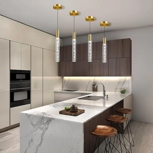 Vista 5 de Moderna lámpara colgante dorada, 1 luz LED colgante de 3 colores, cable acrílico, luces colgantes de techo ajustables para cocina, isla, sala