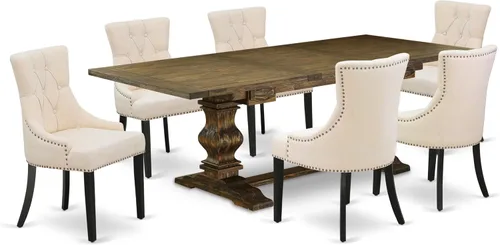 Vista 23 de East West Furniture ALAFR7-81-02 Juego de mesa de comedor moderno de 7 piezas consta de una mesa rectangular de madera con hojas extraíbles y 6
