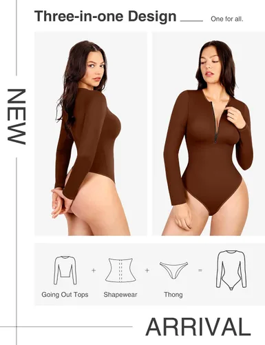Vista 7 de Women's Deep V Long Sleeve Bodysuit for Women Zip Up Bodysuit Brown & Black Bodysuit Women Zip Front