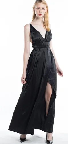 Vista 5 de Yimeili vestido largo de fiesta para mujer, vestido de cóctel sexy, satinado, con cuello en V profundo, espalda descubierta y abertura