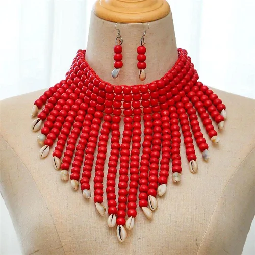 Vista 2 de Kicomvi Collar bohemio con cuentas de madera con cuentas de madera, multicolor, collar grueso en capas, collar con pendientes, collar africano