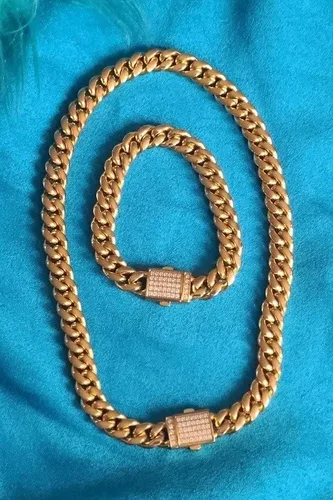 Vista 3 de Juego de collar y pulsera de eslabones cubanos de acero inoxidable para mujeres y hombres (unisex), gargantilla cubana sin deslustre, joyería de hip