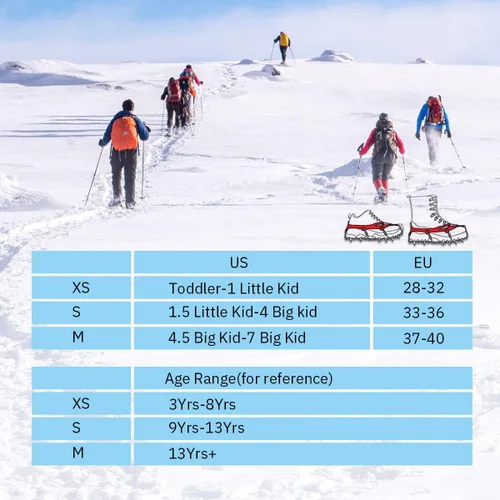 Vista 5 de Tacos de hielo para niños, crampones para niños, botas y zapatos de senderismo para niños, tacos de tracción antideslizantes de acero inoxidable