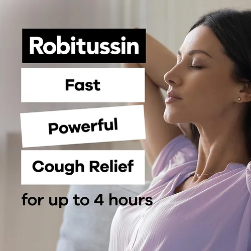 Vista 2 de Robitussin Medicamento DM para la tos y la congestión torácica de baya de saúco de máxima fuerza para adultos, líquido para aliviar la congestión