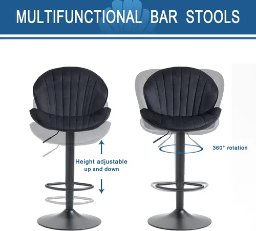 Vista 3 de Juego de 2 taburetes de bar, taburetes de bar ajustables con respaldo y reposapiés, taburetes de bar ajustables de terciopelo de diseño moderno