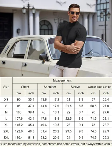 Vista 6 de COOFANDY Suéter de cuello alto falso para hombre, de manga corta, color sólido, básico, ajustado, de punto