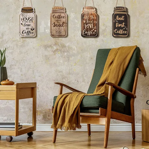 Vista 4 de Jetec - Letrero de pared de madera para barra de café, 4 piezas, decoración colgante de tarro de masón, clásico Rustic Farmhouse Plaque with
