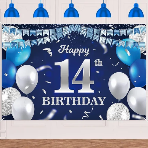 Vista 38 de Bandera de feliz primer cumpleaños con fondo azul marino, globos, confeti, bandera de rayas, luces de puntos, felicitaciones por el tema de 1 año