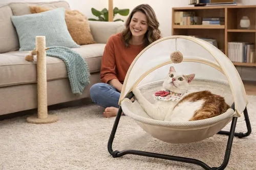 Vista 2 de Cama para gatos, hamaca para mascotas para gatos y perros, cómoda y transpirable, nido elevado para gatos y perros, fácil de montar, funda extraíble