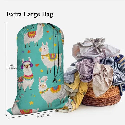 Vista 3 de Swono Bolsa grande de ropa sucia de alpaca para cesta de lavandería, diseño de llamas de dibujos animados, animales lindos, lavable a máquina