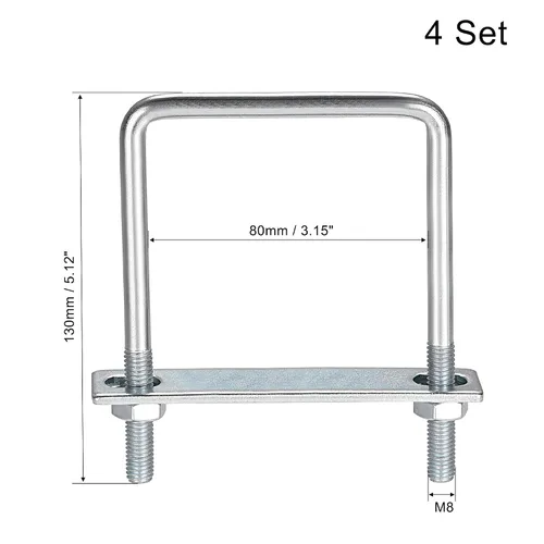 Vista 30 de uxcell Pernos cuadrados en U de 1 "(25 mm) de ancho interior de acero al carbono M8 con tuercas, placa de marco, arandelas redondas, juego de 4