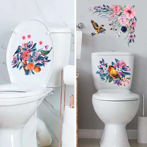 Vista 5 de 3 calcomanías autoadhesivas de pared para asiento de inodoro, diseño floral rosa y morado, diseño de pájaros y flores, para bricolaje, ramo
