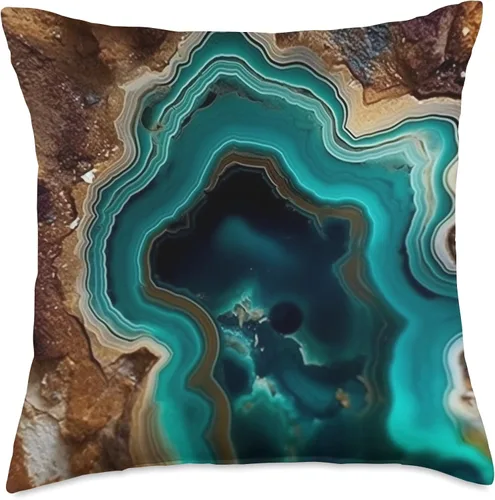 Vista 5 de Aesthetic Agate Minerals Geode Gifts Cojín abstracto de geoda marrón ágata turquesa, 16 x 16, multicolor