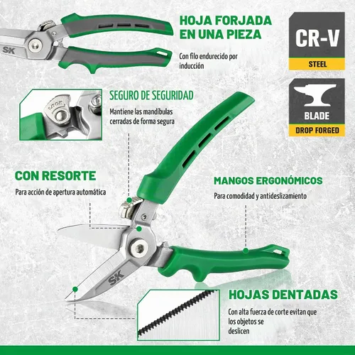 Vista 3 de SK 7" Tijeras resistentes de uso múltiple, tijeras forjadas en caída, cuchillas CR-V con bloqueo de seguridad, empuñaduras cómodas