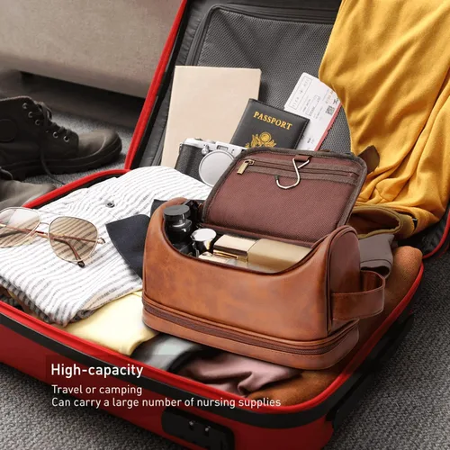 Vista 4 de Neceser de cuero personalizado para hombres, bolsa de viaje hecha a mano para marido, novio, papá, cumpleaños, aniversario, boda, padrinos de boda