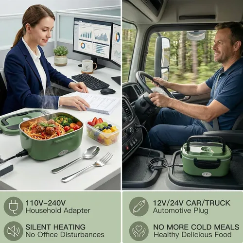 Vista 5 de MEGAWISE Fiambrera eléctrica de 1.5 L con recipiente de acero inoxidable 304, lonchera 3 en 1 para adultos, calentador de alimentos para automóvil