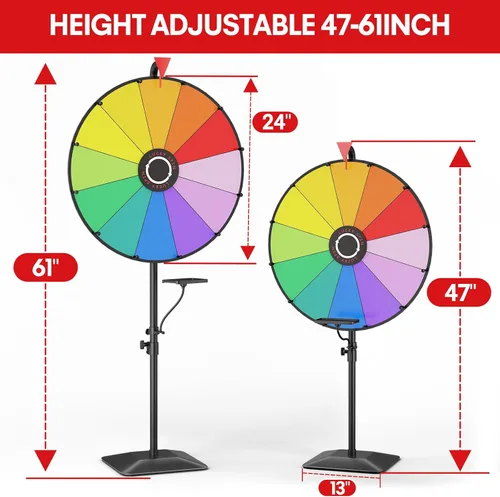 Vista 3 de Rueda de premios de 24 pulgadas, rueda giratoria ajustable con base pesada de alta resistencia Adjustable 47"-61" Height, 12 Dry Erase Prize Slots