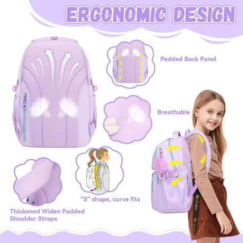 Vista 5 de MOONBABY Mochila para niñas para la escuela, bolsa de libros Kawaii para estudiantes de primaria, niños, adolescentes y adultos