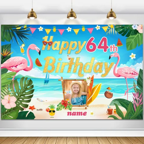 Vista 11 de Cartel de decoración de feliz cumpleaños número 100 personalizable con flamencos, playa, trópicos, Hawái y tema de verano, tamaños grandes