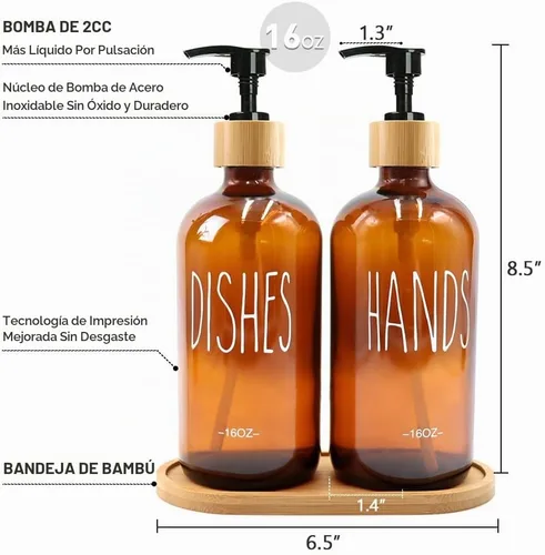 Vista 4 de Dispensador de jabón de vidrio ámbar de 16 onzas con bandeja de bambú, reutilizable para jabón de manos y platos, decoración de granja para cocina