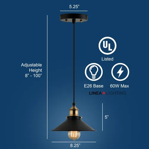 Vista 3 de Linea di Liara LL-P407 lámpara de techo industrial Andante, aplique de un foco con pantalla de metal y cable, con cubierta de 5 pulgadas, diseño