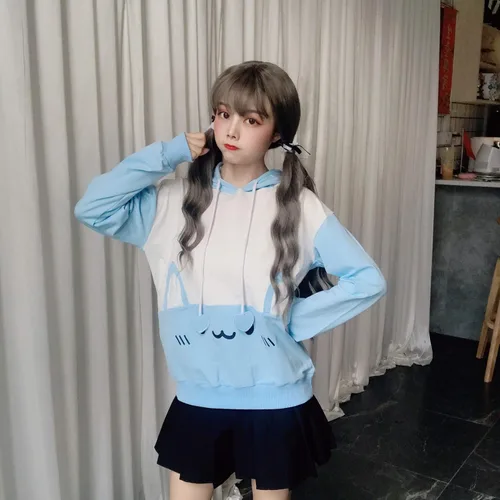 Vista 3 de Packitcute Sudadera con capucha de conejo, estampado kawaii, holgada, casual, sudadera con capucha