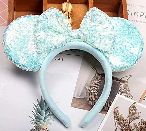 Vista 2 de Diademas de orejas de ratoncito azules con lazo y lentejuelas, para decoración de disfraz de princesa de dibujos animados, fiesta de purpurina