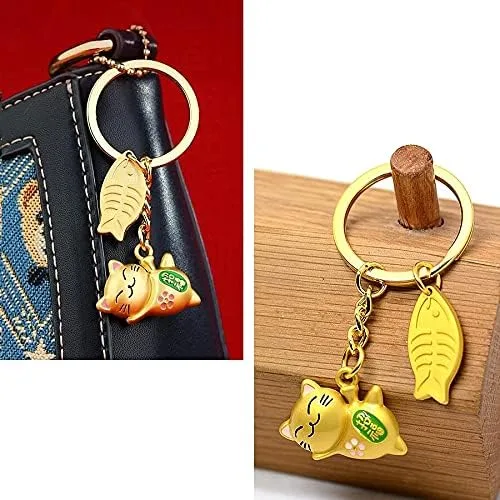 Vista 4 de LinaLife Llavero de metal Maneki Neko Lucky Cat Llavero con colgante de oro de la suerte, gatito Feng Shui, Maneki Neko Lucky Cat llavero