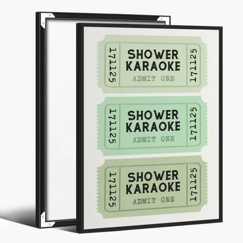 Vista 9 de Lienzo con impresión de karaoke para ducha, divertido arte de pared de baño, póster retro de boletos, color verde salvia, decoración de baño